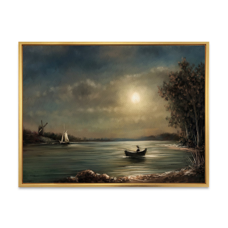 Winter Sunrise on Lake - peinture sur toile, H 16 po x l 32 po x P 1 po, Cadre flottant doré