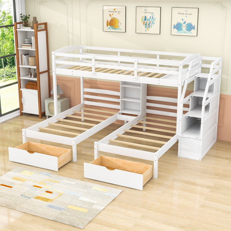 Lit superposé avec tiroirs, rangement pour escalier et tablettes intégrées