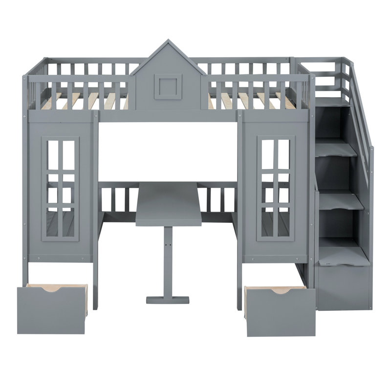 Bunk Bed With Changeable Table, Bunk Bed Turn Into Upper Bed And Down Desk, Grey, Twin Over Twin