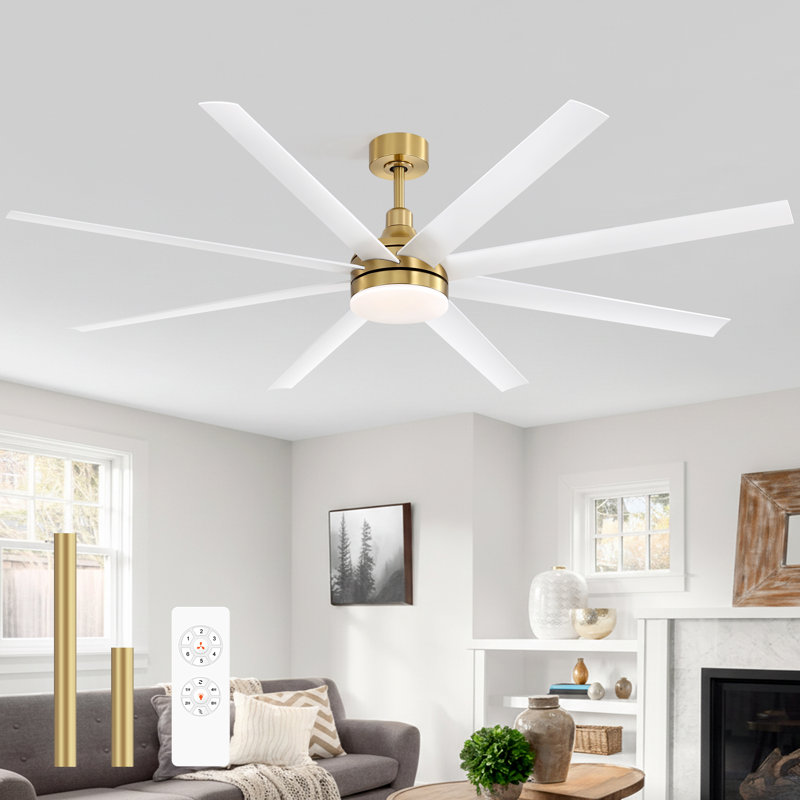 Ventilateur de plafond standard à 8 pales avec télécommande et ensemble d'éclairage Jamii-Leigh inclus, Or, 72", Blanc