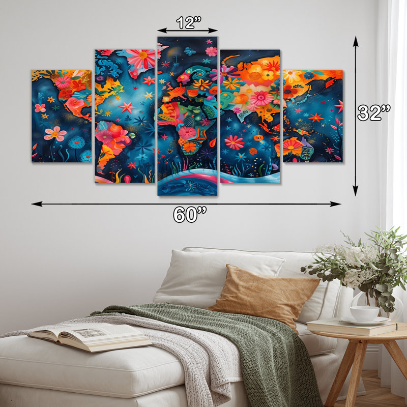 Carte du monde abstrait orange et bleu - ensemble d'art mural sur toile carte du monde