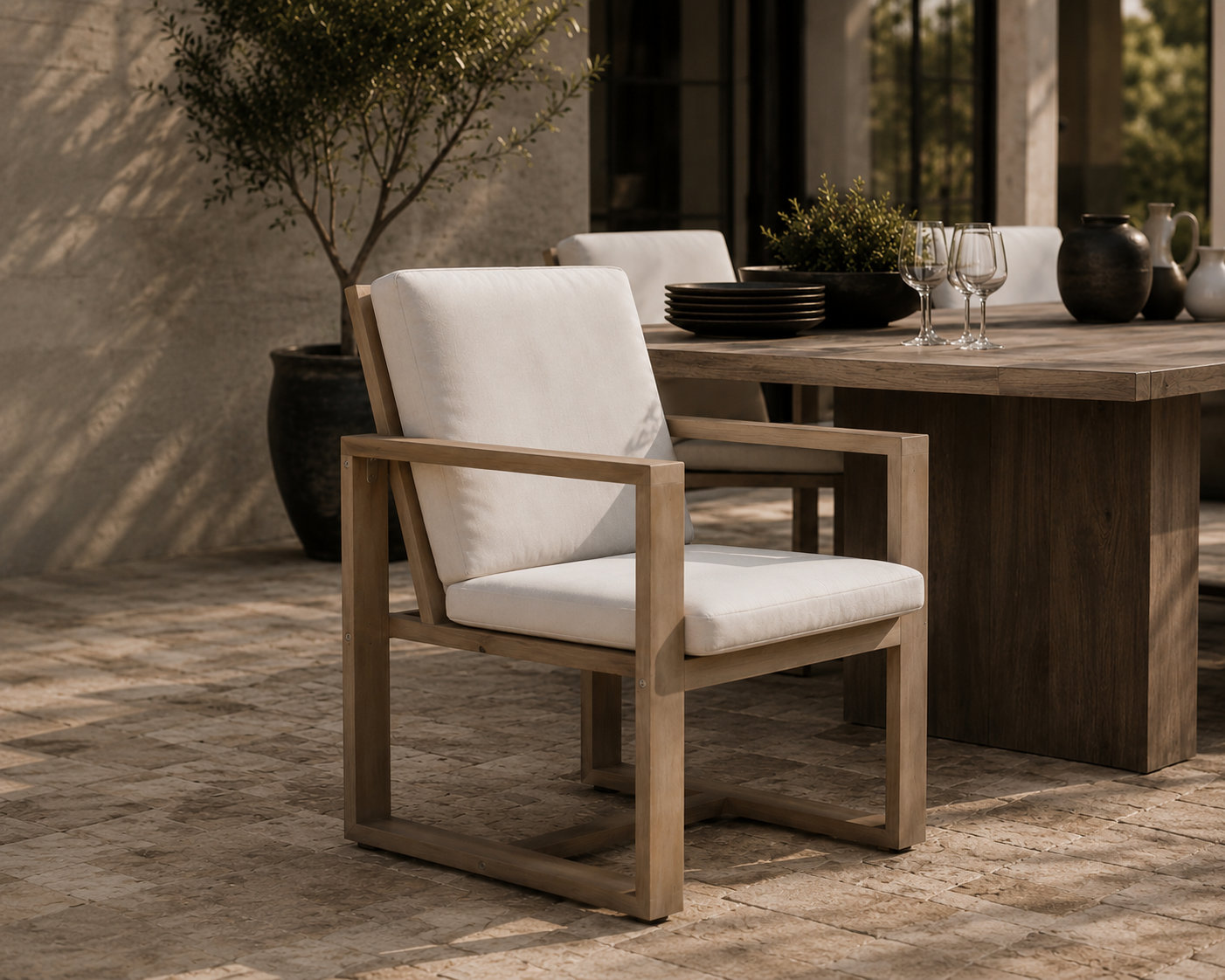 Harbor Wood Premium All-Weather Wicker Outdoor Dining Armchair with Cushion, Teak