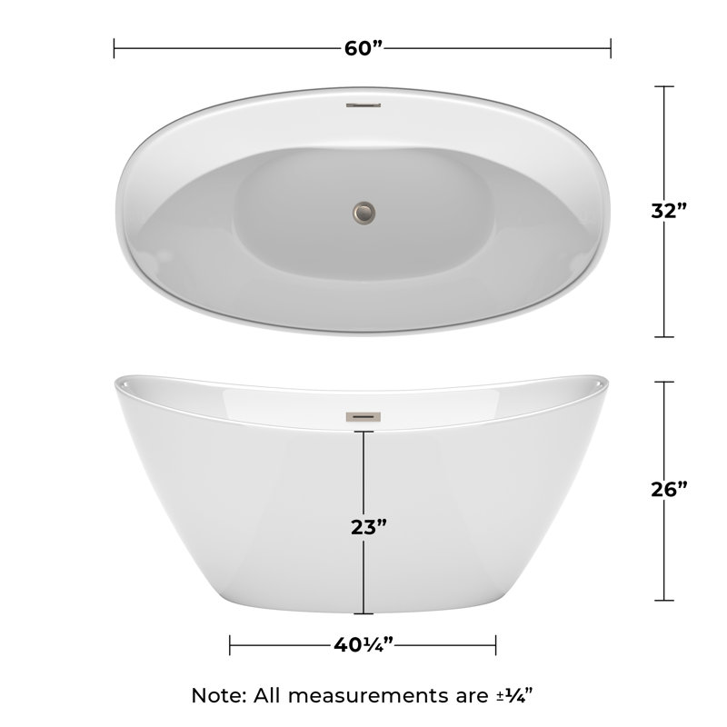 Dorrit 60" x 32" Freestanding Soaking Acrylic Bathtub, Brushed Nickel