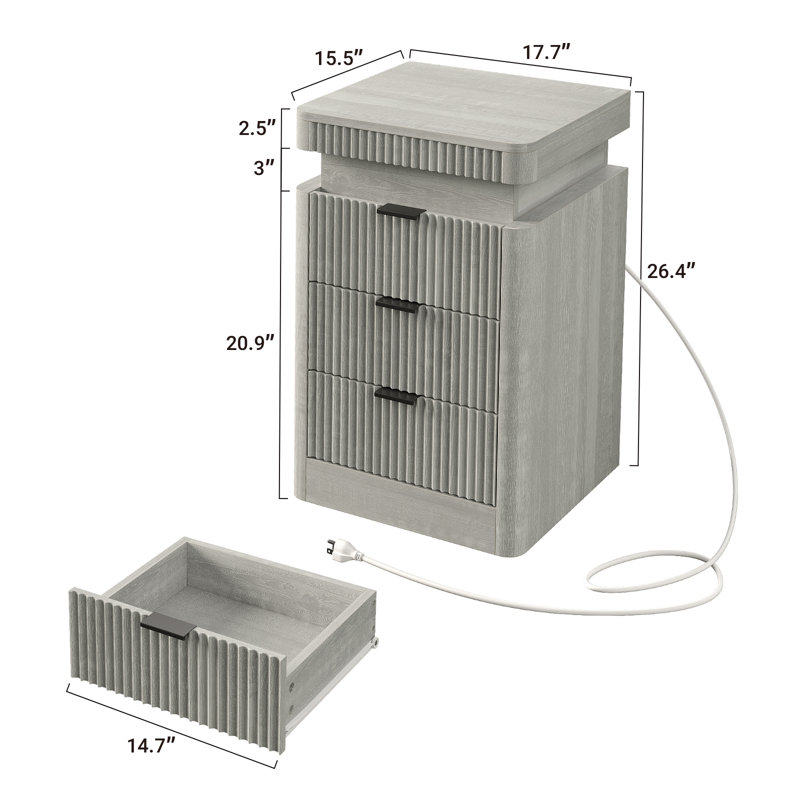 Fluted Night Stand With Charging Station & LED Light, 3-Drawer Bedside Table For Bedroom & Living Room, Modern Sofa Side Table With Sliding Top & Outlets/USB