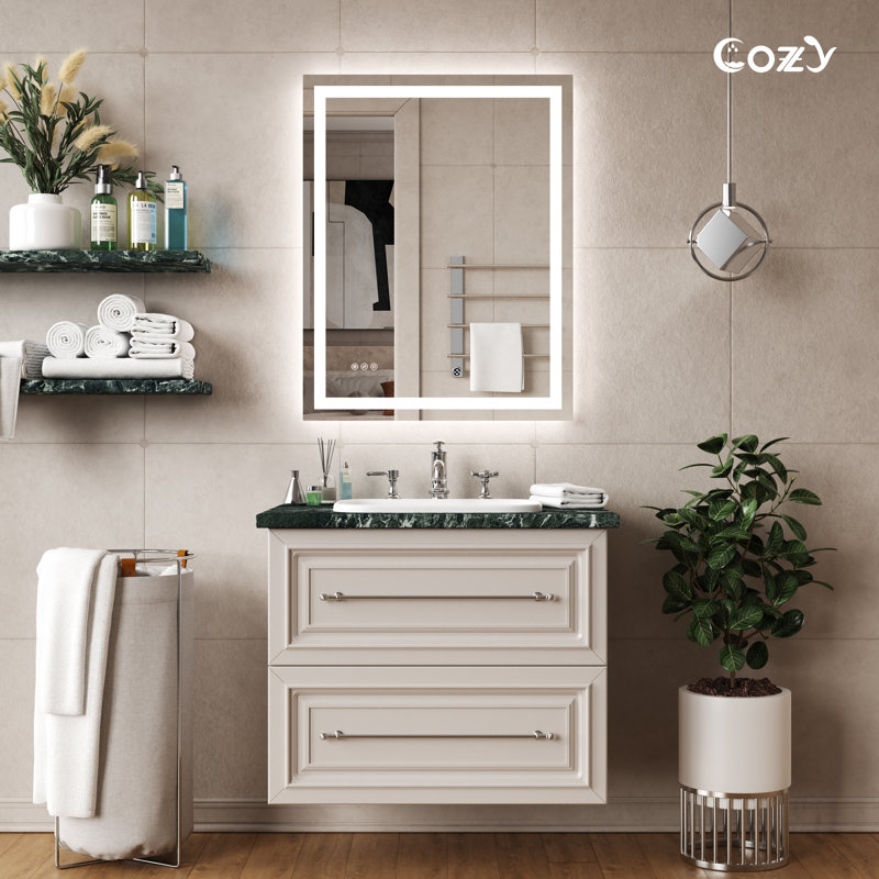 LED Bathroom Mirror with Front & Back LED Lighted Anti-Fog Tempered Glass Vanity Mirror, 3 Colors Temperature & Dimmable Light