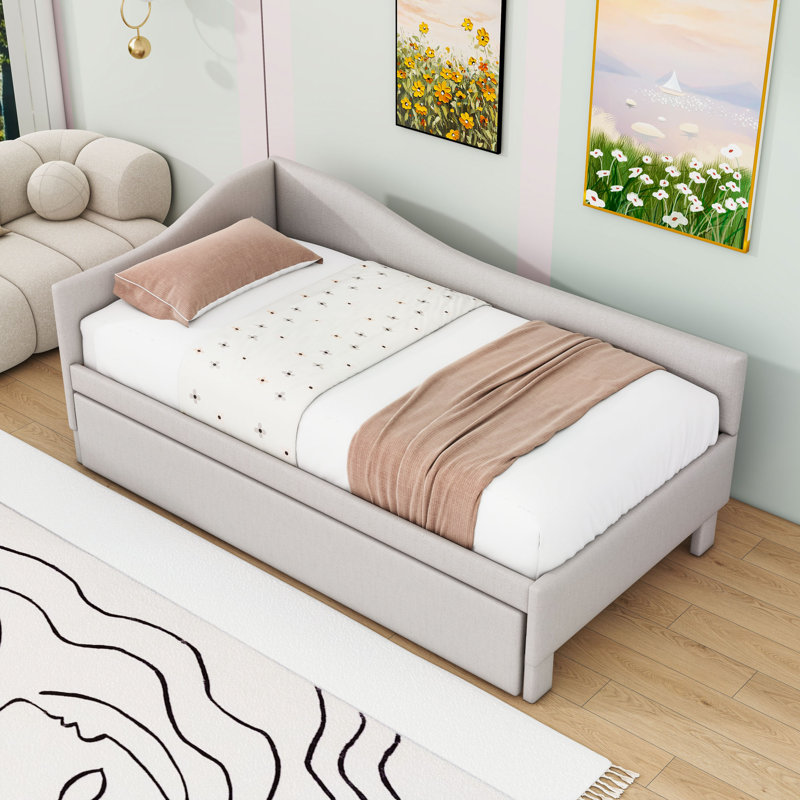 Twin L-Shaped Upholstered Daybed with Trundle, Beige