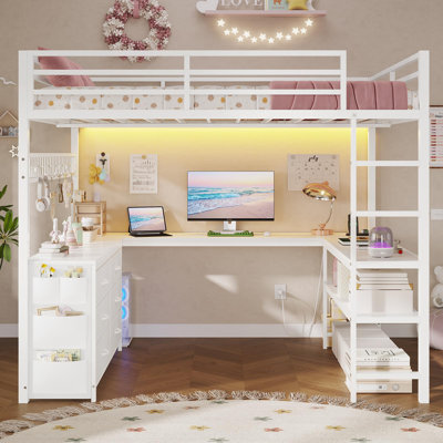 Lit mezzanine double Absarokee avec bureau en forme de U, 6 tiroirs de rangement, prise de courant, lit mezzanine en métal à DEL avec 2 tablettes de rangement, lit avec barrière de sécurité et échelles, aucun sommier nécessaire