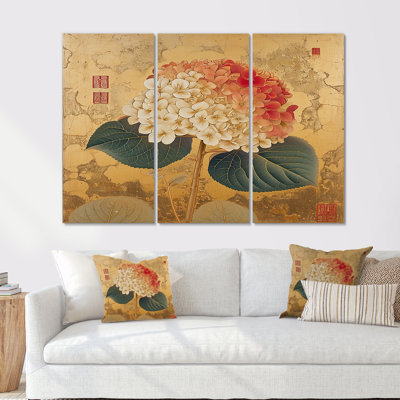 Hortensia blanc rouge sur fond d'or asiatique rétro - ensemble d'hortensias muraux