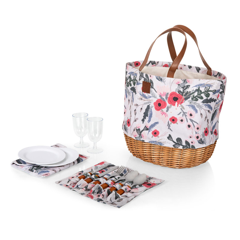 Floral Canvas and Willow Picnic Basket with Leatherette Strap
