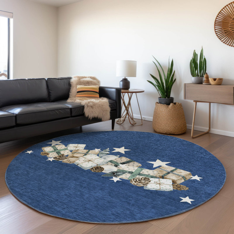 Machine Washable Indoor/Outdoor Christmas Presents Xhevrie Navy Rug, Round 8'
