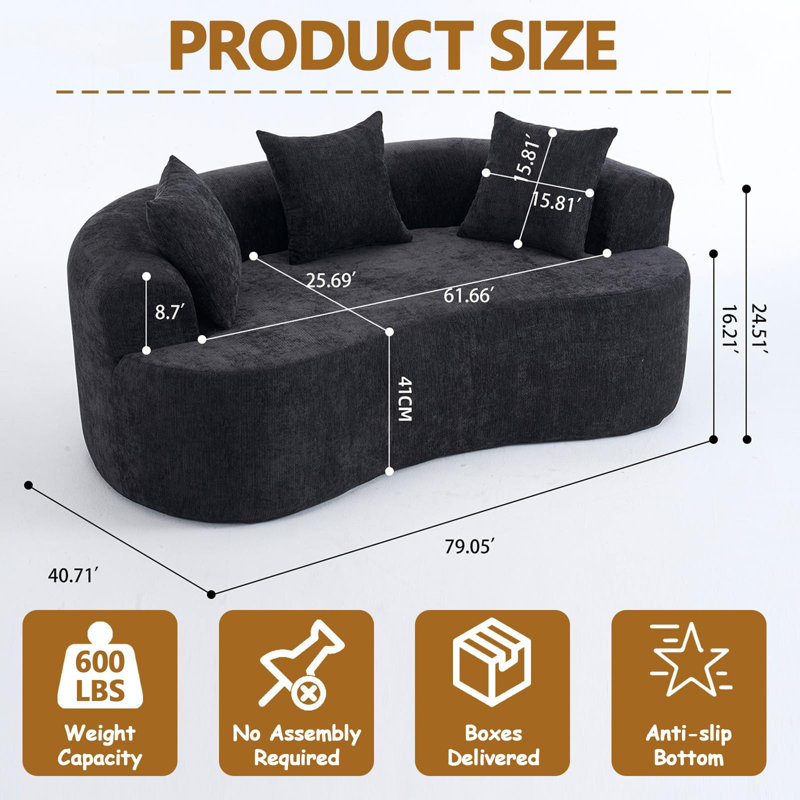 Boneless 80" Curved Loveseat For Small Spaces, Curved Couches For Living Room, Compression Sofa In A Box With 3 Pillows, Small Couch For Bedroom With Wide Armrest & Memory Foam, No Assembly Required