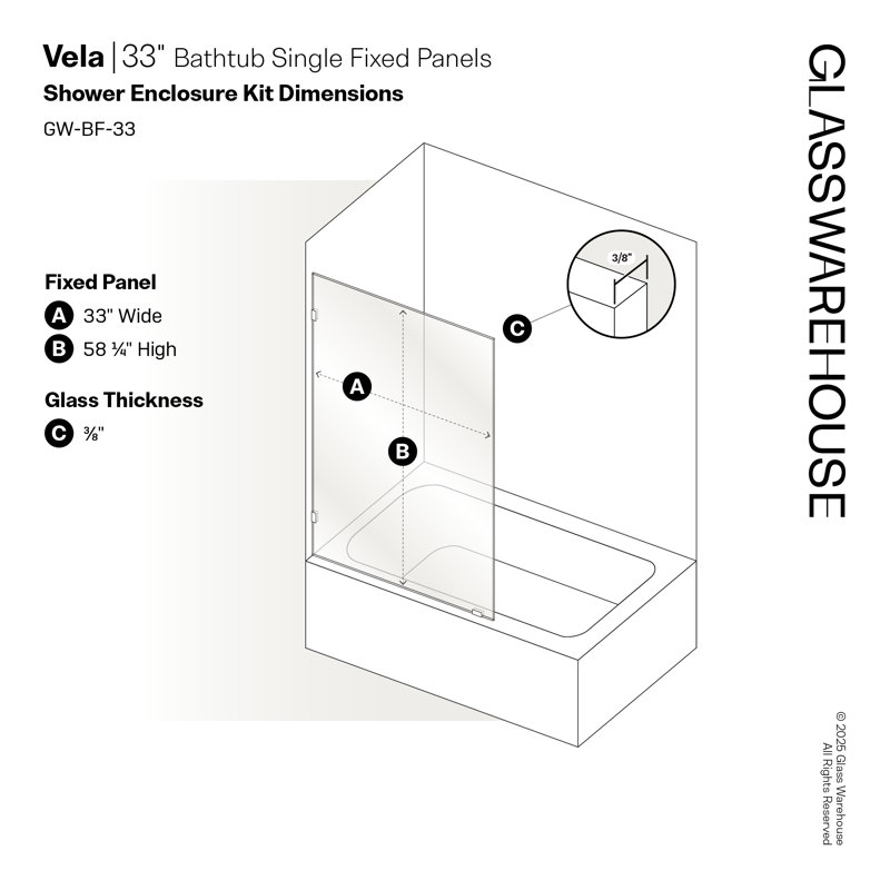 Vela 33 in. x 58.25 in. Frameless Single Fixed Bath Panel, Matte Black