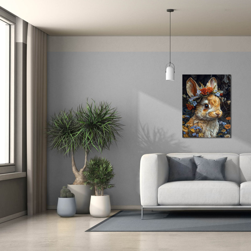 Toile épique «Lapin avec une couronne de fleurs» par Momart, H 34 po x l 26 po x P 1,5 po