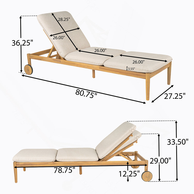 Chaise longue d'extérieur avec roulettes, structure en bois d'acacia (ensemble de 2)