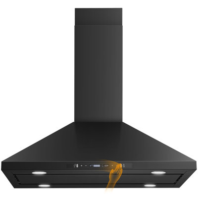 Hotte de cuisine îlot 800 pi³/min, noire, à montage au plafond, avec commandes tactiles/gestuelles, ventilateur à 3 vitesses, 4 lumières DEL, convertible avec ou sans conduit, filtres à chicanes en acier inoxydable et minuterie.