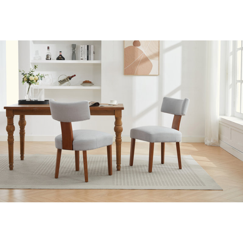 Ensemble de 2 chaises de salle à manger sans accoudoirs modernes en lin avec dossier incurvé et pieds en bois massif pour le salon de la salle à manger