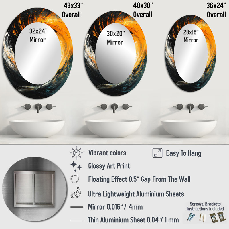 Yellow And Black Auroras Fractal Edge III - Abstract Oval Decorative Mirror On Metal, 43" x 33"