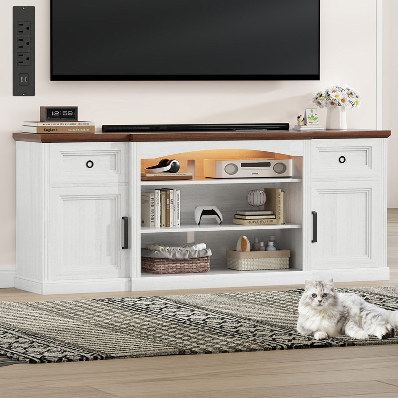 70" W Farmhouse Tv Stand For Tvs Up To 80", Large Media Console & Led Light And Charging Station, Modern Multimedia Storage Furniture With Cabinets, 2 Large Drawers & Adjustable Shelves, For Living Room, Bedroom