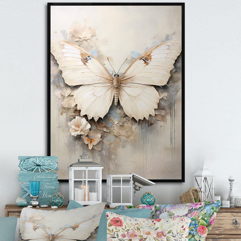 Minimalisme, papillon beige - art mural papillon, H 20 po x l 12 po x P 1 po, Cadre flottant noir