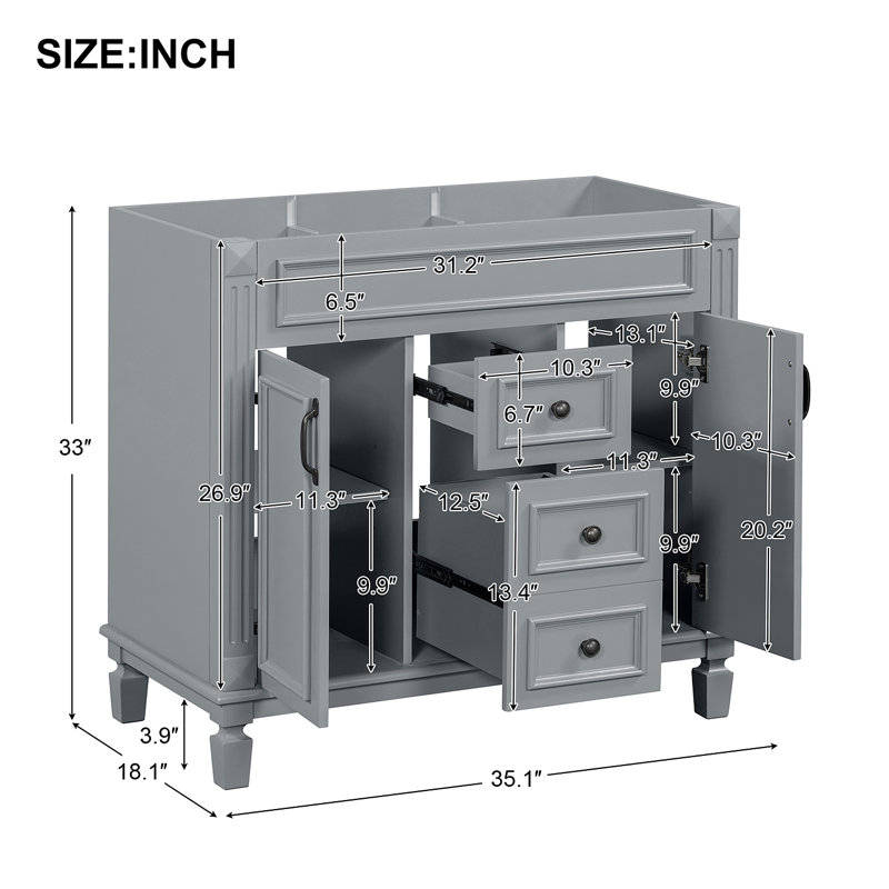 Meuble-lavabo 36 po sans lavabo supérieur, armoire seulement, armoire de rangement moderne avec 2 portes à fermeture douce et 2 tiroirs