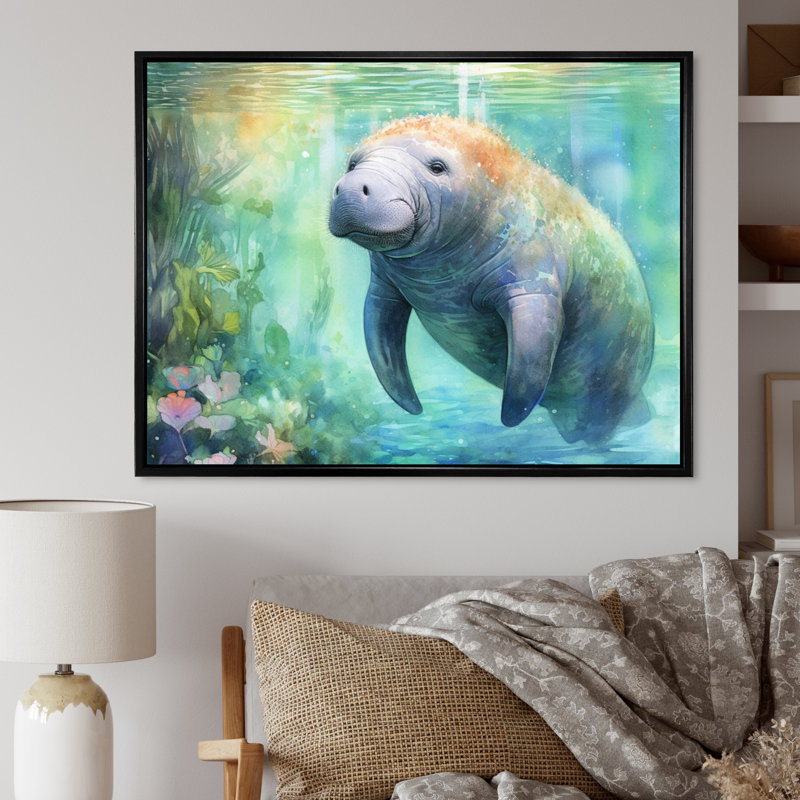 Gentle Manatee II - Art mural de lamantin pour le salon, H 16 po x l 32 po x P 1 po, Cadre flottant noir
