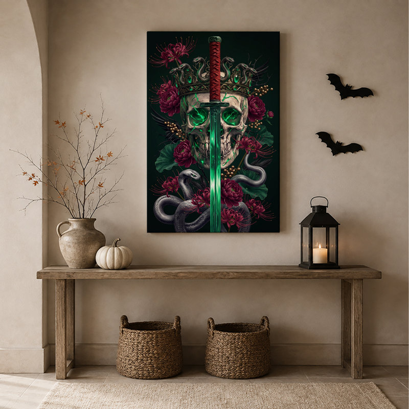 Art mural sur toile, crâne vert brillant avec couronne de serpent et rouge d'Halloween, H 48 po x l 36 po