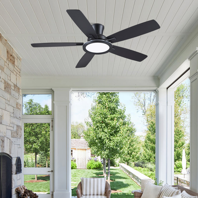 52" Flush Mount Modern Ceiling Fan With Lights And Remote Control, Reversible And 5 Dual-sided Blades, Black