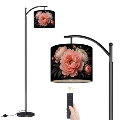 Lampe sur pied à arc avec abat-jour réglable pivoine et pétales roses Étamine jaune à feuilles grises Lampe sur pied noire 3 températures de couleur Lampe à mât haut avec interrupteur au pied pour la chambre à coucher