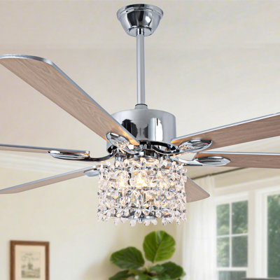 65" Modern Large Silver Crystal Ceiling Fan with Light Kit and Remote 6-speed Reversible Motor with Crsyarl Shade