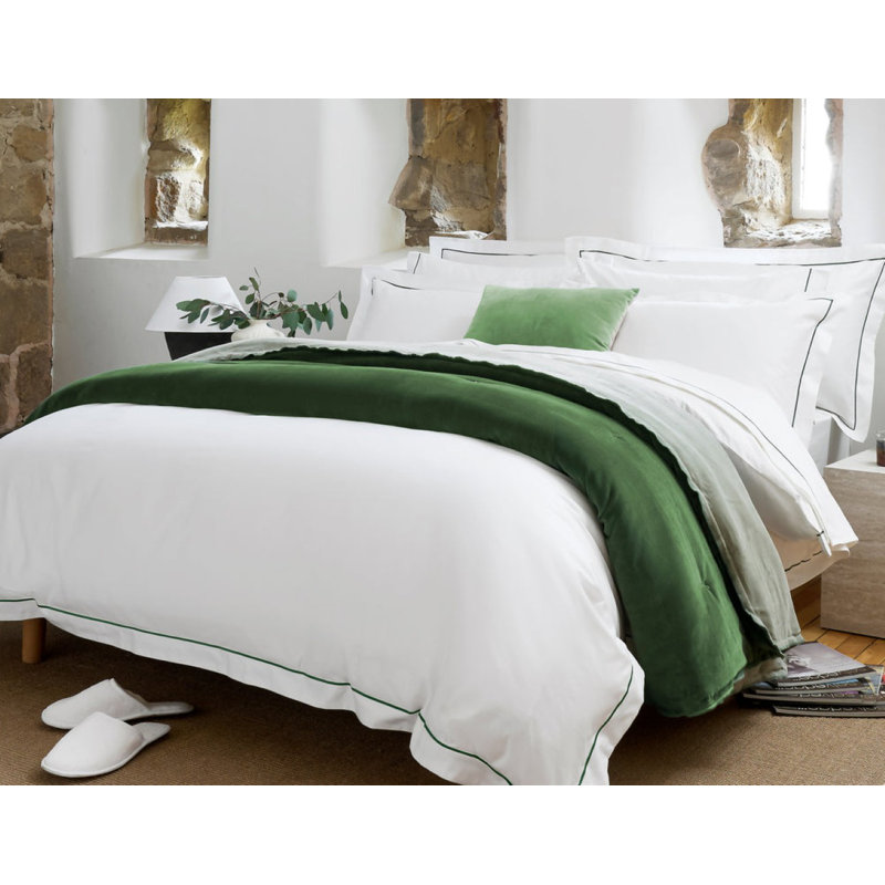 Premium Sateen Flat Sheet, White/Green, Queen Flat Sheet