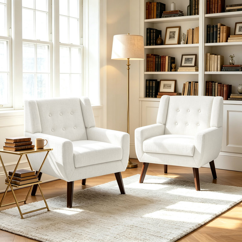 Fauteuil rembourré à large dossier en mélange de lin beige avec pieds en bois massif Davey, Mélange de lin beige