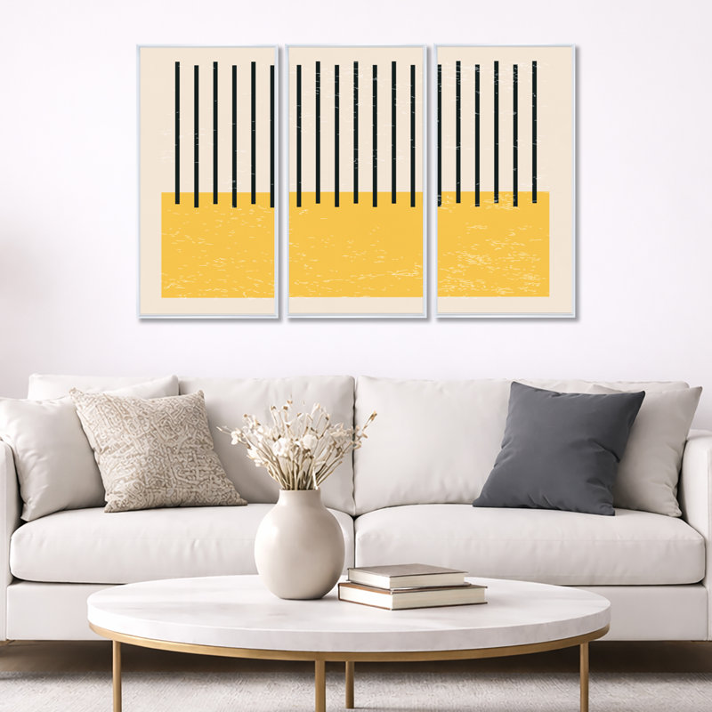 Minimal Geometric Compostions of Elementary Forms xiv - Ensemble de 3 reproductions encadrées sur toile, Cadre blanc