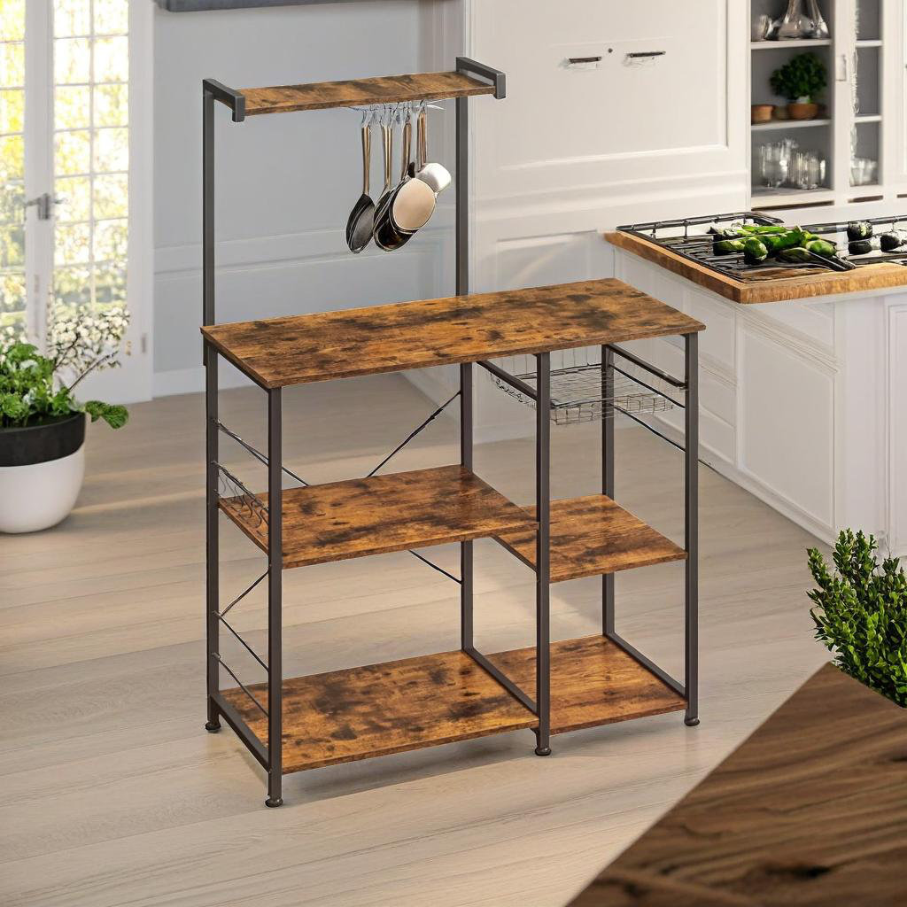 Angelicque Industrial 4 Tier Kitchen Baker's Rack With Shelves and Hooks