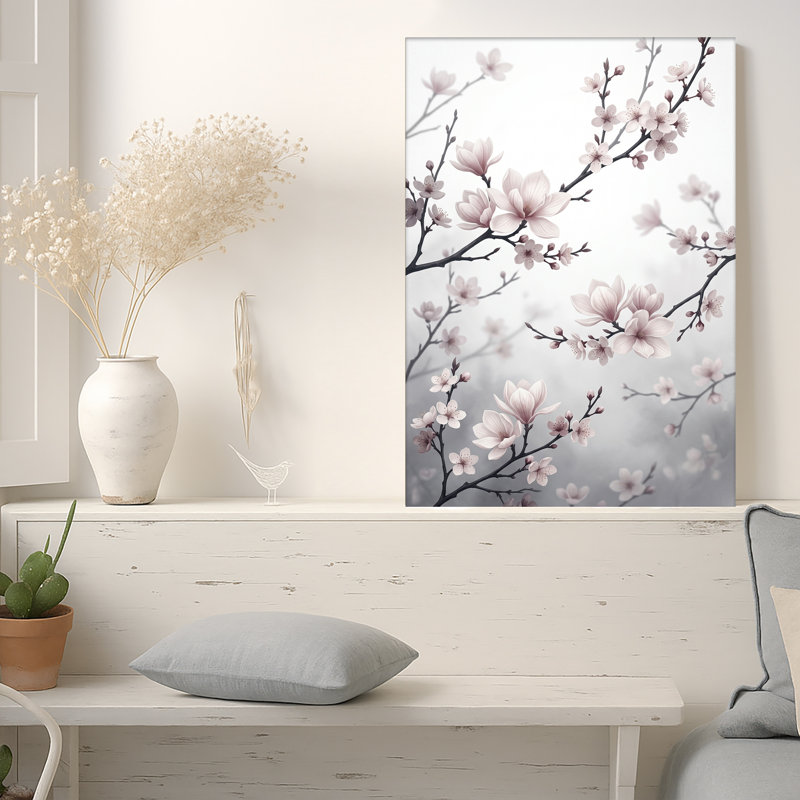 Art mural sur toile, branches de magnolia rose pâle et branches foncées, H 30 po x l 20 po