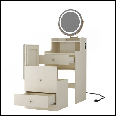 Ensemble de coiffeuse 3 en 1 avec miroir et lumière, petit ensemble de coiffeuse avec station de recharge, 2 tiroirs et espace de rangement ouvert, avec tabouret rembourré, bureau de coiffeuse compact