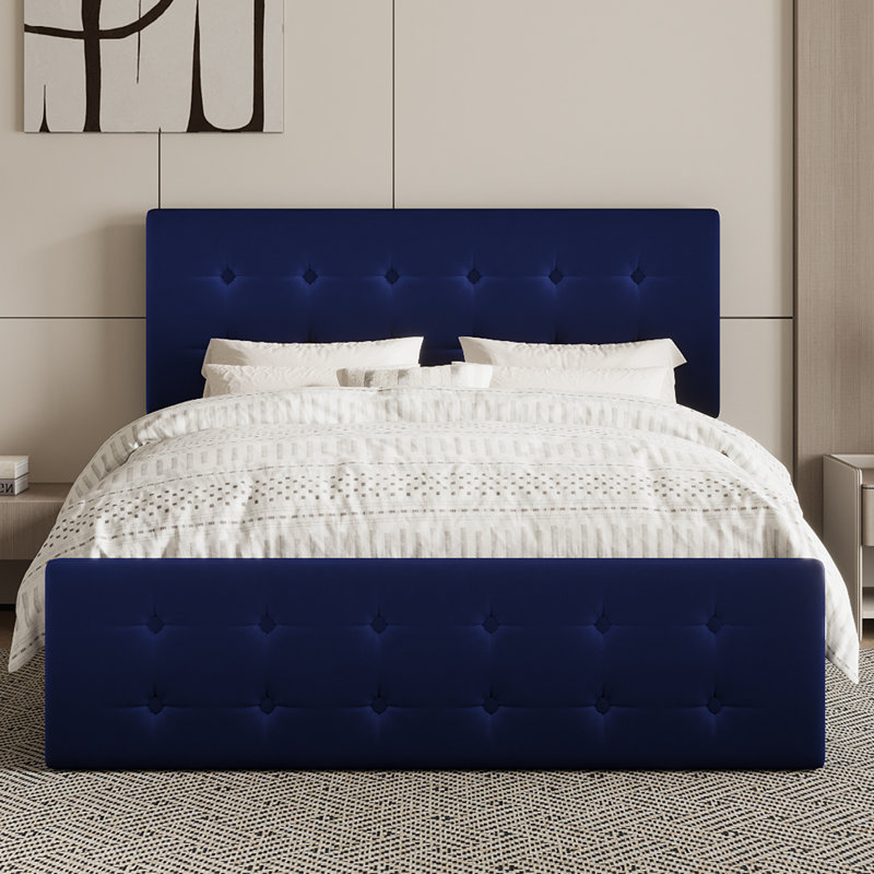 Queen Size Velvet Upholstered Platform Bed Frame with Button Tufted Headboard & 4 Storage Drawers, Wooden Slat Support, No Box Spring Needed - Blue