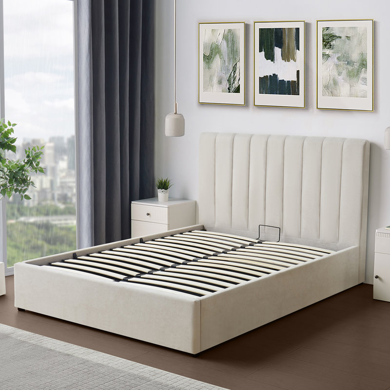 Evelynne Fabric Ottoman Bed Frame with Storage - , Beige, Double (4'6)