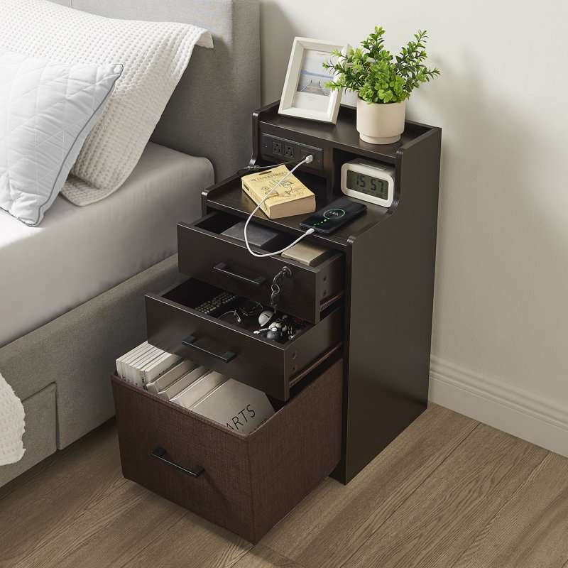Table de chevet 2 tiroirs à DEL Wr Wr Studio Studio ™, table de chevet avec charge rapide, 3 ports USB et 2 prises de courant, table de chevet avec tablette ouverte, table de chevet 29 pouces avec serrure pour chambre à coucher, couleur espresso