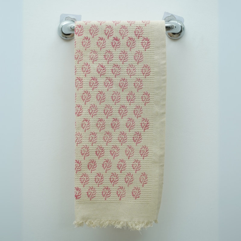 Pink Cotton Hand Block Print Waffle Floral Hand Towels, Set of 2