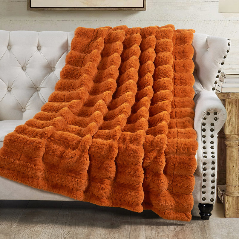 Jeté en fausse fourrure de lapin, Orange brûlé, 50 po x 60 po
