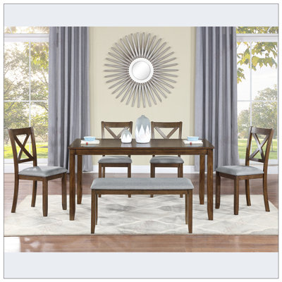 Ensemble de salle à manger en bois 6 pièces avec table rectangulaire, chaises rembourrées et banc pour des repas et des réunions de famille confortables