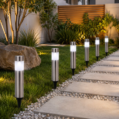 6-Pack Stainless Steel Solar Bollard Lights with Warm White LEDs, Waterproof Outdoor Landscape and Decorative Lighting for Backyard, Lawn and Patio