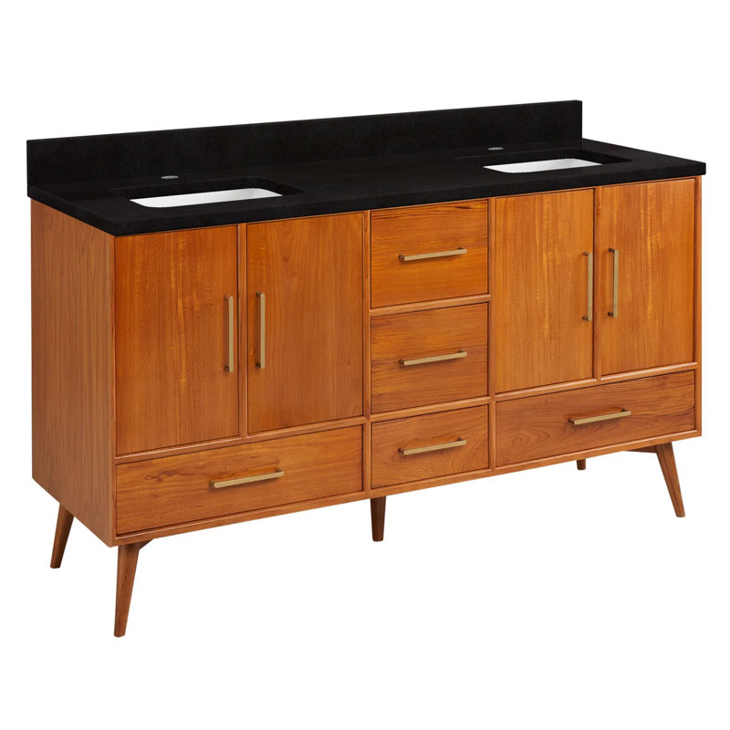 60" Novak Double Bathroom Vanity Set with Rectangular Undermount Sinks, Single-Hole, Feathered White Quartz, Natural Teak