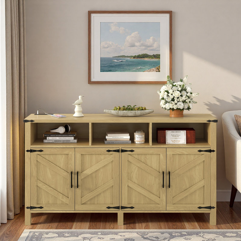 Modern 4-door Sideboard Buffet With Power Outlets, Usb Ports, Adjustable Shelves, Open Storage Cabinet And Aluminum Handles