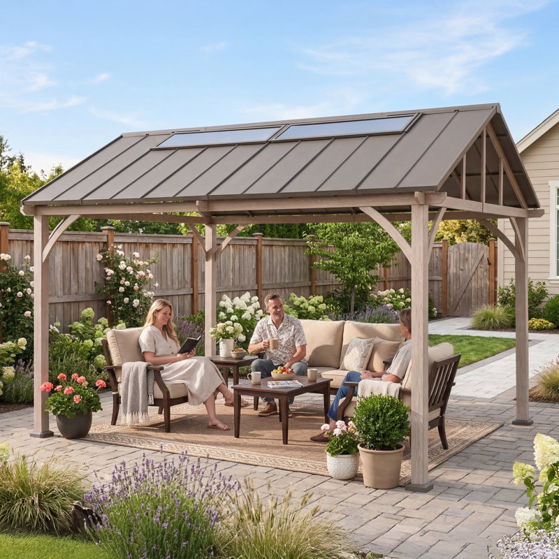 Gazebo SUNJOY 11 x 13 pi, extra haut et extra large, toit rigide robuste en acier galvanisé avec 4 grands panneaux de puits de lumière en polycarbonate, intérieur spacieux pour patio et cour arrière