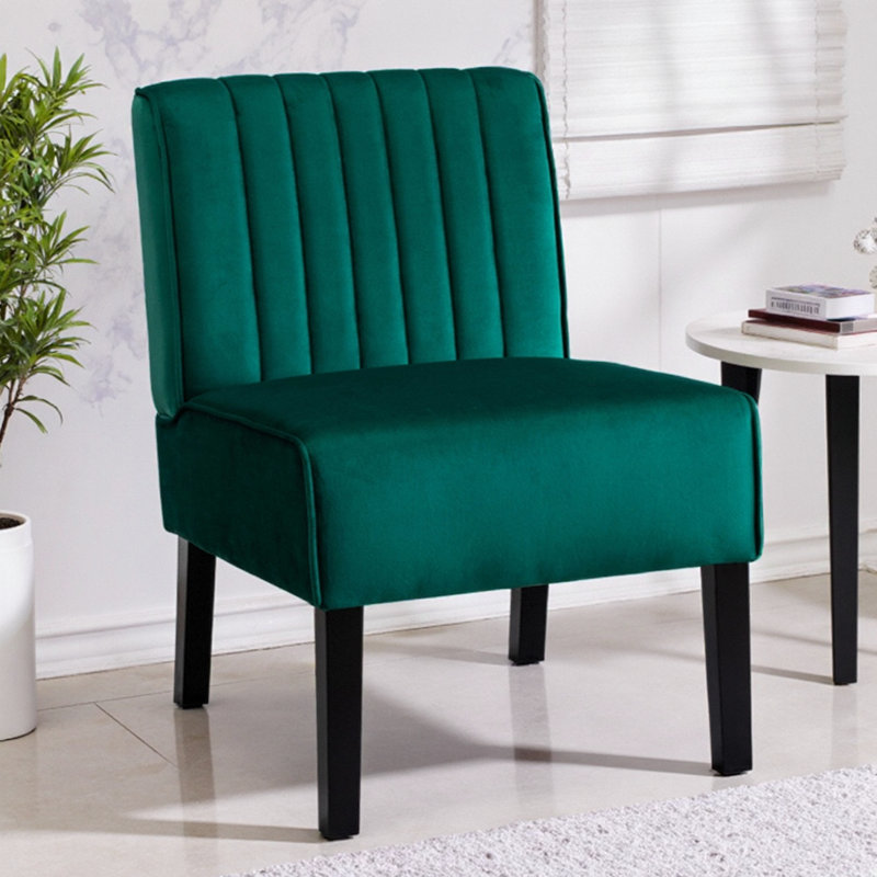 Ensemble de 2 chaises d'appoint Reese Mid Century Modern en velours vert élégant avec pieds en bois massif pour le salon ou la chambre