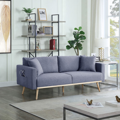 Elio 75"W Dark Gray Linen Fabric Sofa With USB Charging Ports Pockets & Pillows