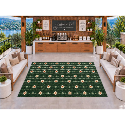Tapis d'extérieur 5' x 7' à motif de marguerites à lignes horizontales, vert forêt, crème et orange, en PVC épais et imperméable, à boucles, séchage rapide, idéal pour l'intérieur et l'extérieur (cuisine, porche, terrasse, entrée).