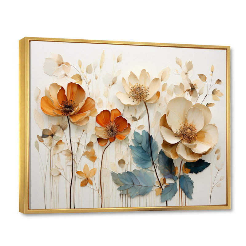 «Yellow Botanical Collage II - Abstract Botanicals», art mural, Cadre flottant doré, H 24 po x l 32 po x P 1 po