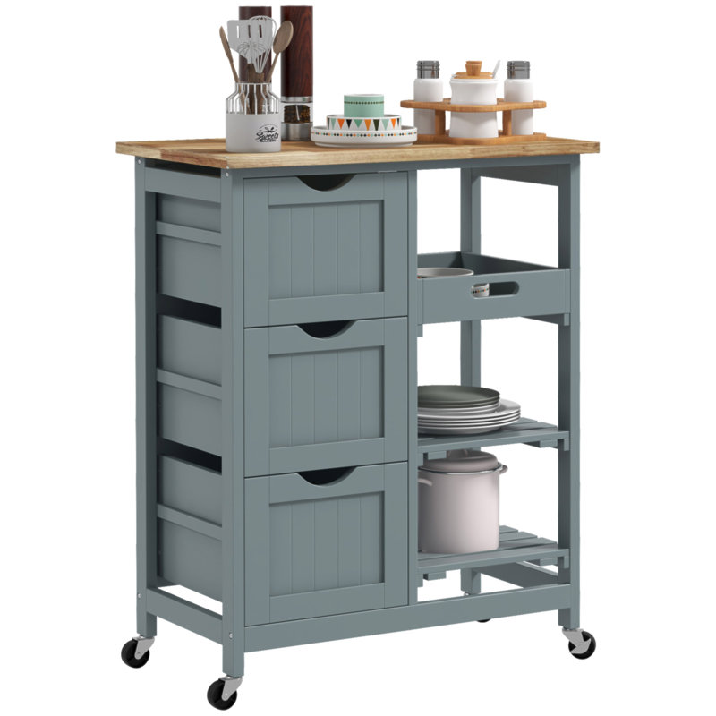 Rolling Kitchen Island Cart, Bar Serving Cart, Compact Trolley On Wheels With Wood Top, Shelves & Drawers For Home Dining Area